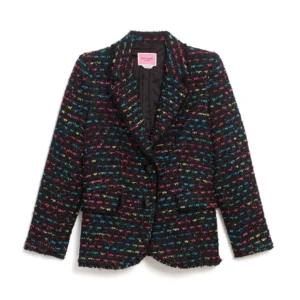 Black blazer with multiple colored woven accents flat lay