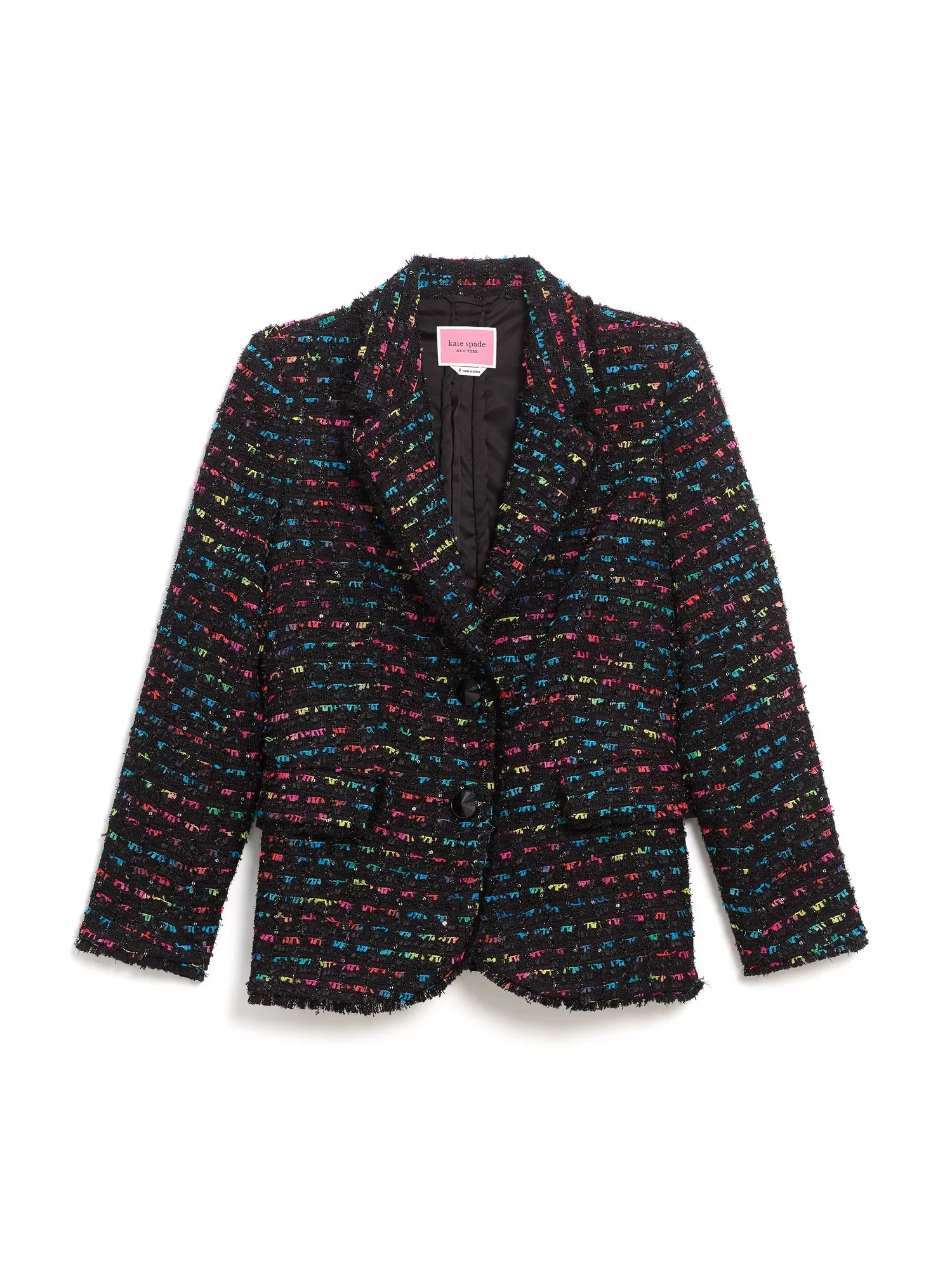 Black blazer with multiple colored woven accents flat lay - Image 2